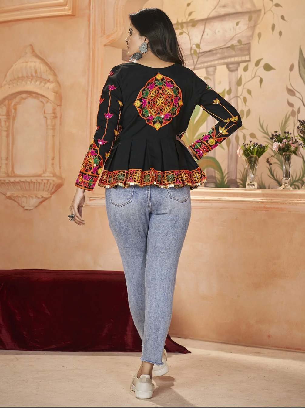 Fashionable Black Embroidered Silk Navratri Wear Kediya Style Kurti