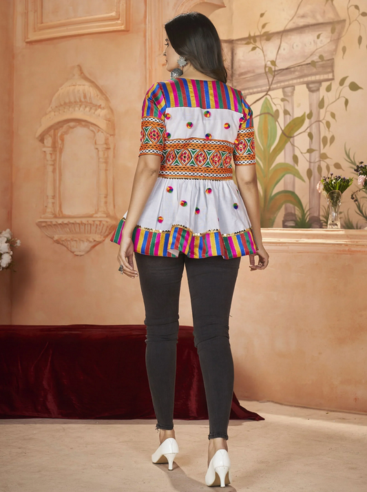 Trendy White Color Embroidered Silk Navratri Wear Kediya Style Kurti