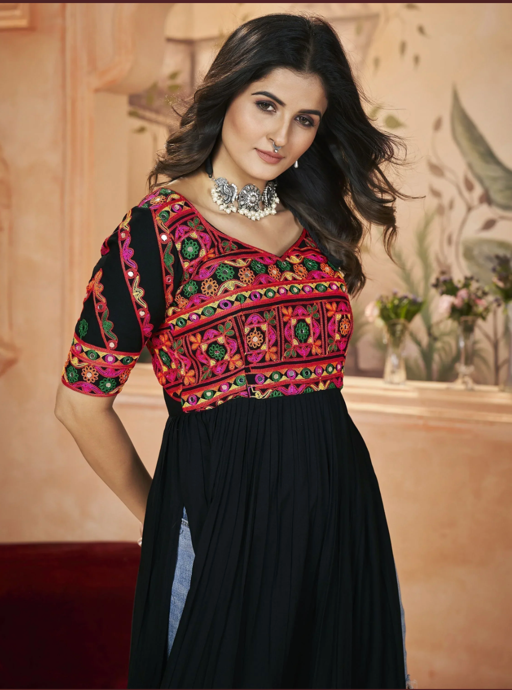 Fashionable Black Embroidered Silk Navratri Wear Kediya Style Kurti